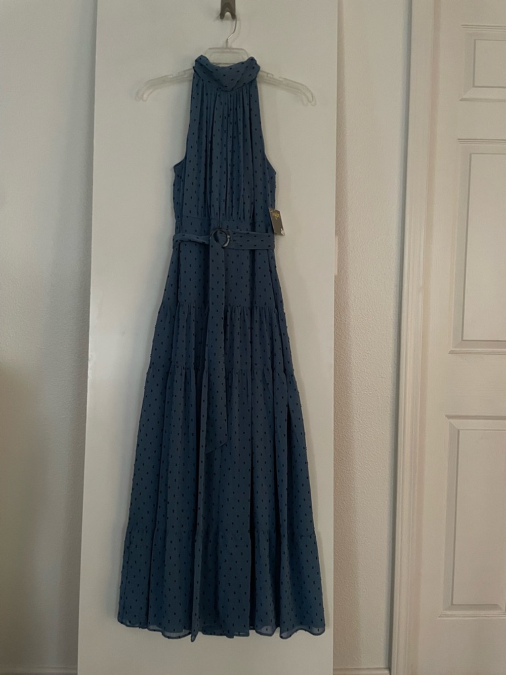 Taylor Blue Chiffon Halter Midi Dress Flowing Tiered Belted Lined NWT!